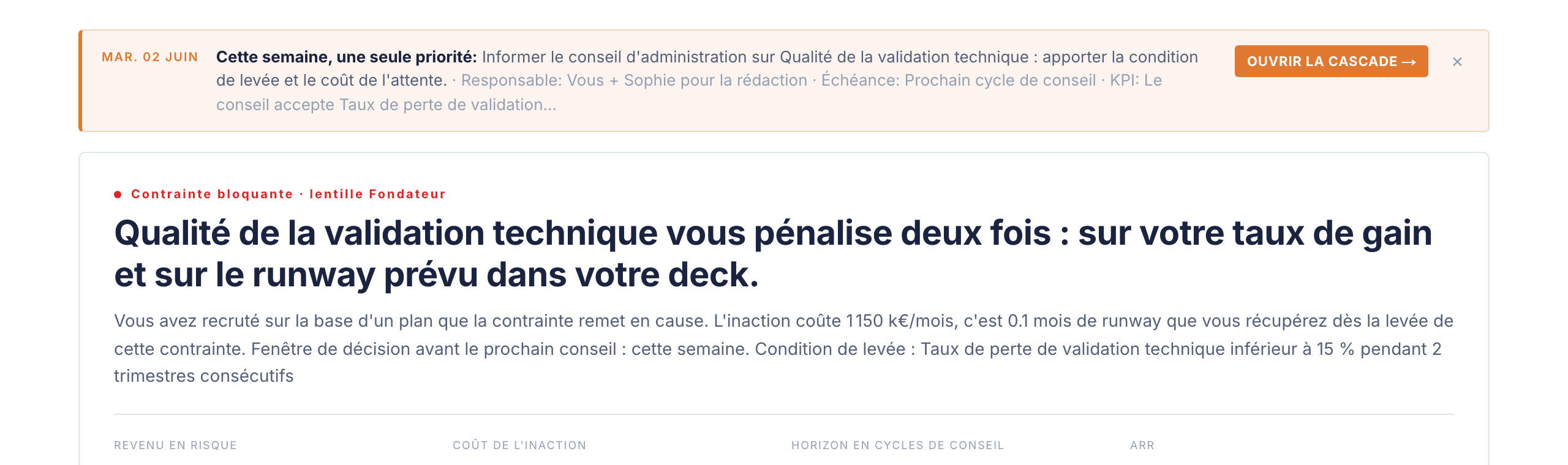 GRIP OS Brief du Lundi : r&eacute;sum&eacute; ex&eacute;cutif hebdomadaire avec statut de contrainte, impact financier et progression des actions